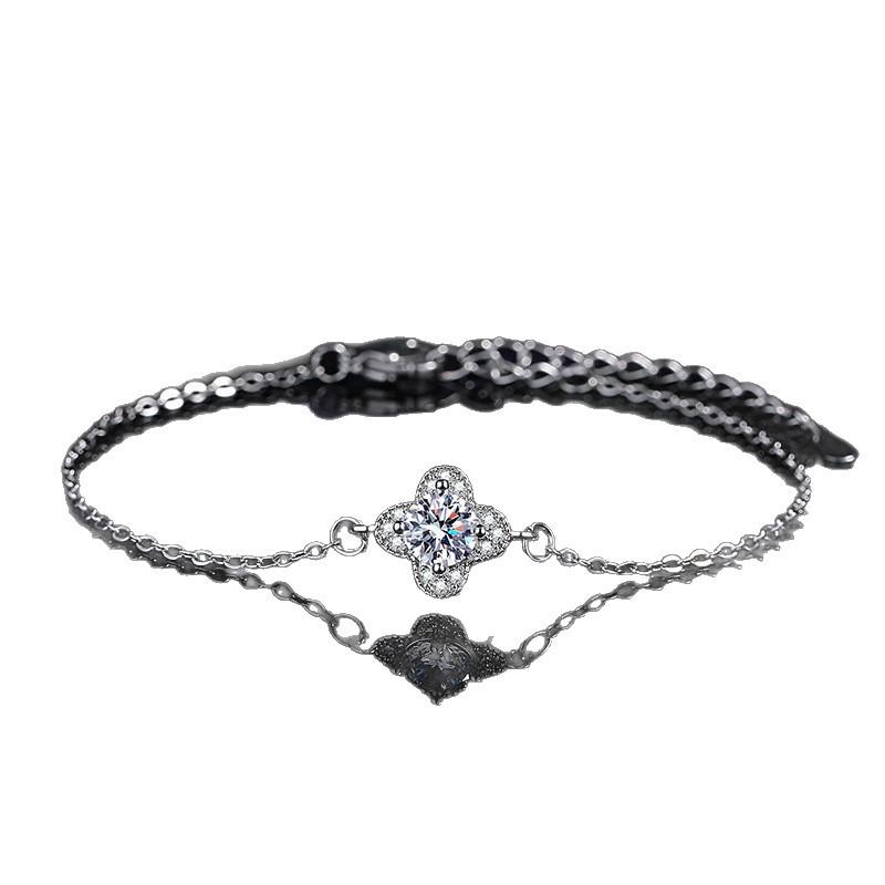 Bracelet Style Mori en Argent S925 & Ensemble Boucles d'Oreilles Zircon Trèfle à Quatre Feuilles pour Femmes