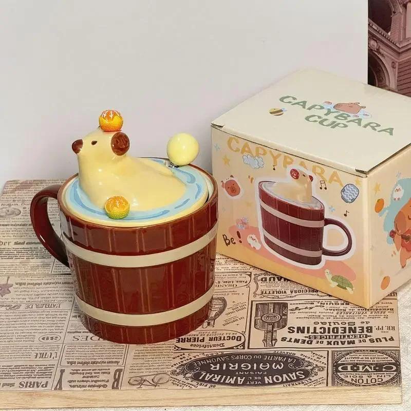 

Cup for Tea Coffee Mug with Lid and Spoon Ceramic Cartoon Funny Animal Mug Capybara Design Cute Tea Cup Drinkware Gift 450ml