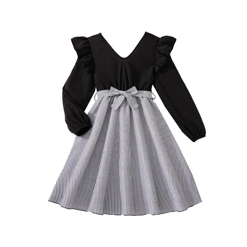 Mädchenkleid Kinderbekleidung Herbst Neuer Stil V-Ausschnitt Spitze Langarm Patchwork Gestreiftes Prinzessinnenkleid