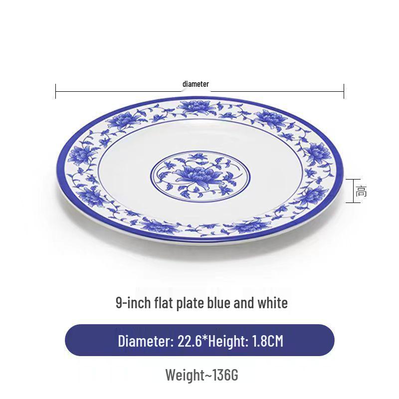 Plato redondo de melamina azul y blanca - Imitación de porcelana gruesa, ideal para salteados, arroz y uso en restaurantes.