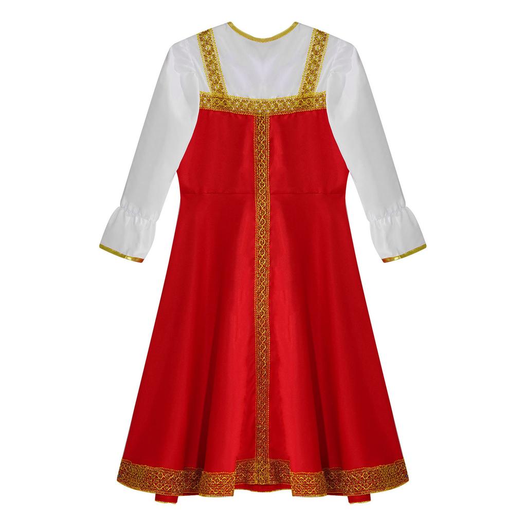 Girls Russian Costume Round Neck Puff Sleeve Gold Embroidery Knee Length Dress Beautiful Headpiece Traditional Set