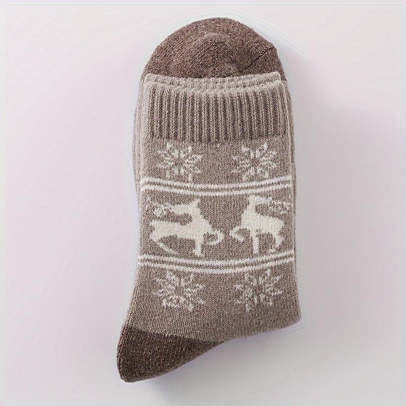 5 Pairs Women Thermal Wool Winter Socks - Christmas Reindeer & Snowflake Design, Thick Warm Mid-Calf Elegant Casual Socks, Comfortable Sock Material