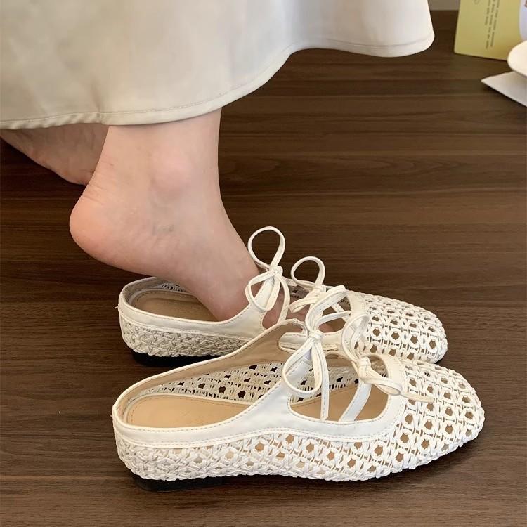 Inner heightening bag head half slippers women's summer outer wear new French woven hollow sandals bow Mary Jane single shoes