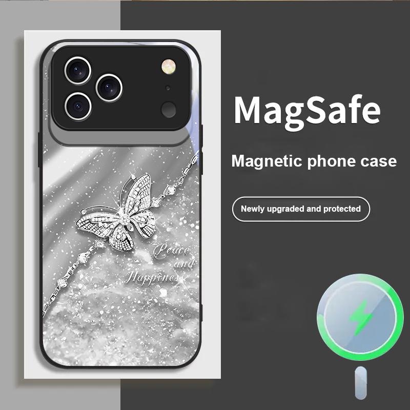 An elegant blue butterfly For iPhone 17 Pro Max 16 E 15 14 13 Plus 12 mini 11 17 Air XR Xs Max 7 Plus Magsafe Glass Phone Case