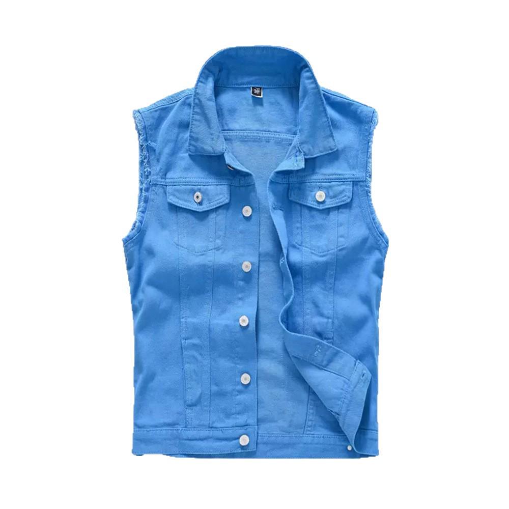 Trendy Men's Denim Vest: Slim Fit Sleeveless in Sky, Lake, and Royal Blue – Plus Size Casual Top for Spring, Summer, and Autumn.