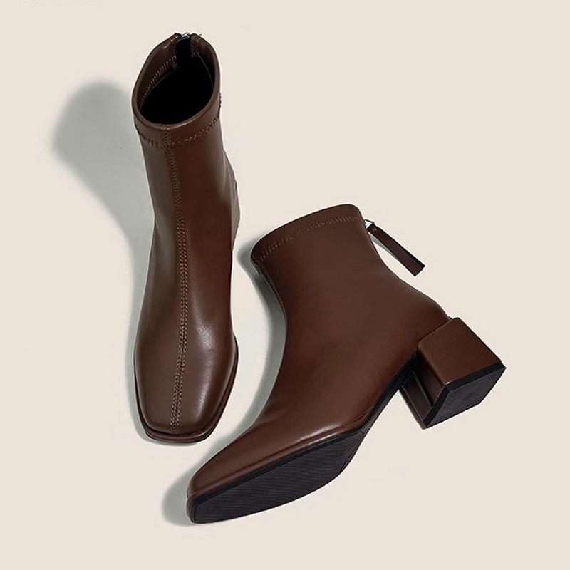 

Women Back Zipper Thick Heel Short Boots Office Banquet Fashion Mid-heel Ankle Boots Nightclub Party Pub Catwalk Chelsea Boots 34 коричневый