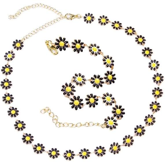 Pingyongchang Daisy Flower Necklace and Bracelet Set for Women - Bohemian Enamel Choker, Handmade Gold Spring Sunflower Jewelry for Party and Beach