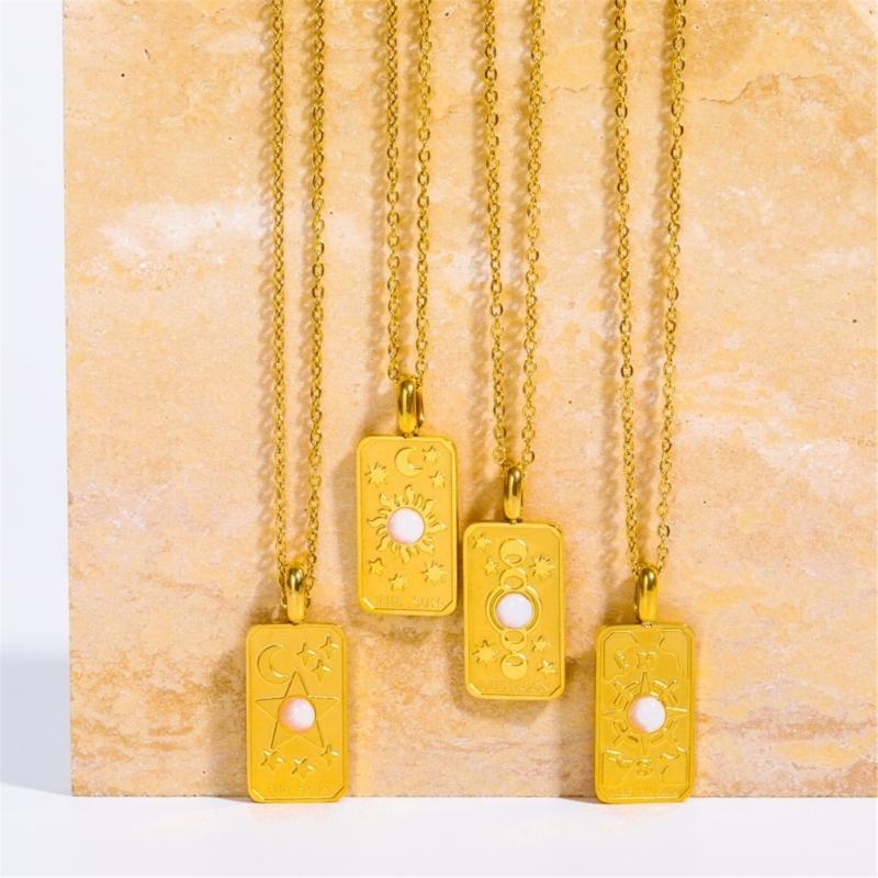 Stylish Gold Square Sun Moon Star World Pendant Necklace Accessory Eye Catching Clavicular Chain for Gathering Parties
