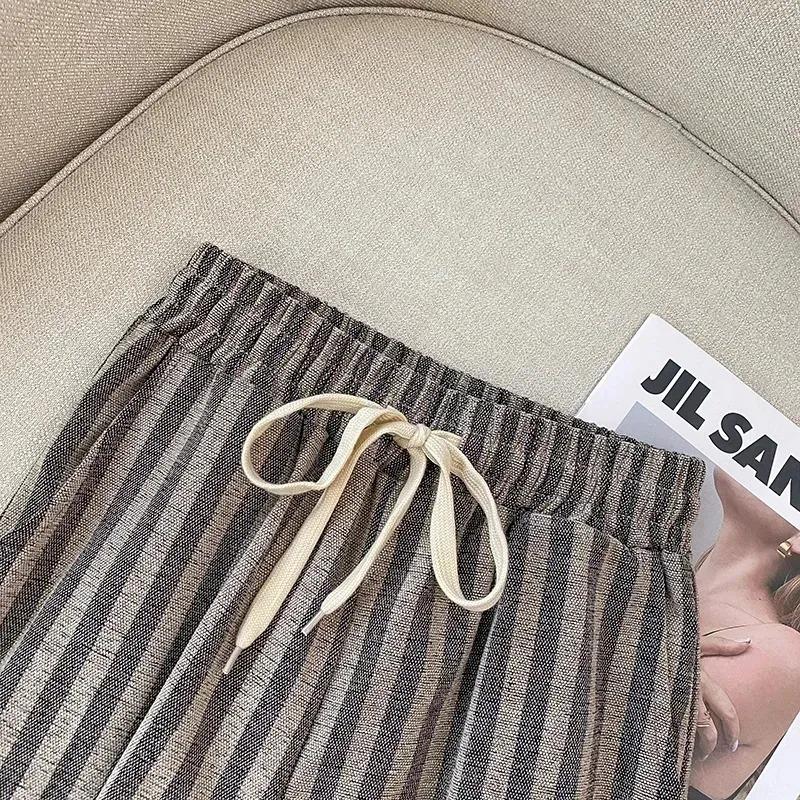 Women's Lightweight Striped Drawstring Waist Wide Leg Pants For Spring