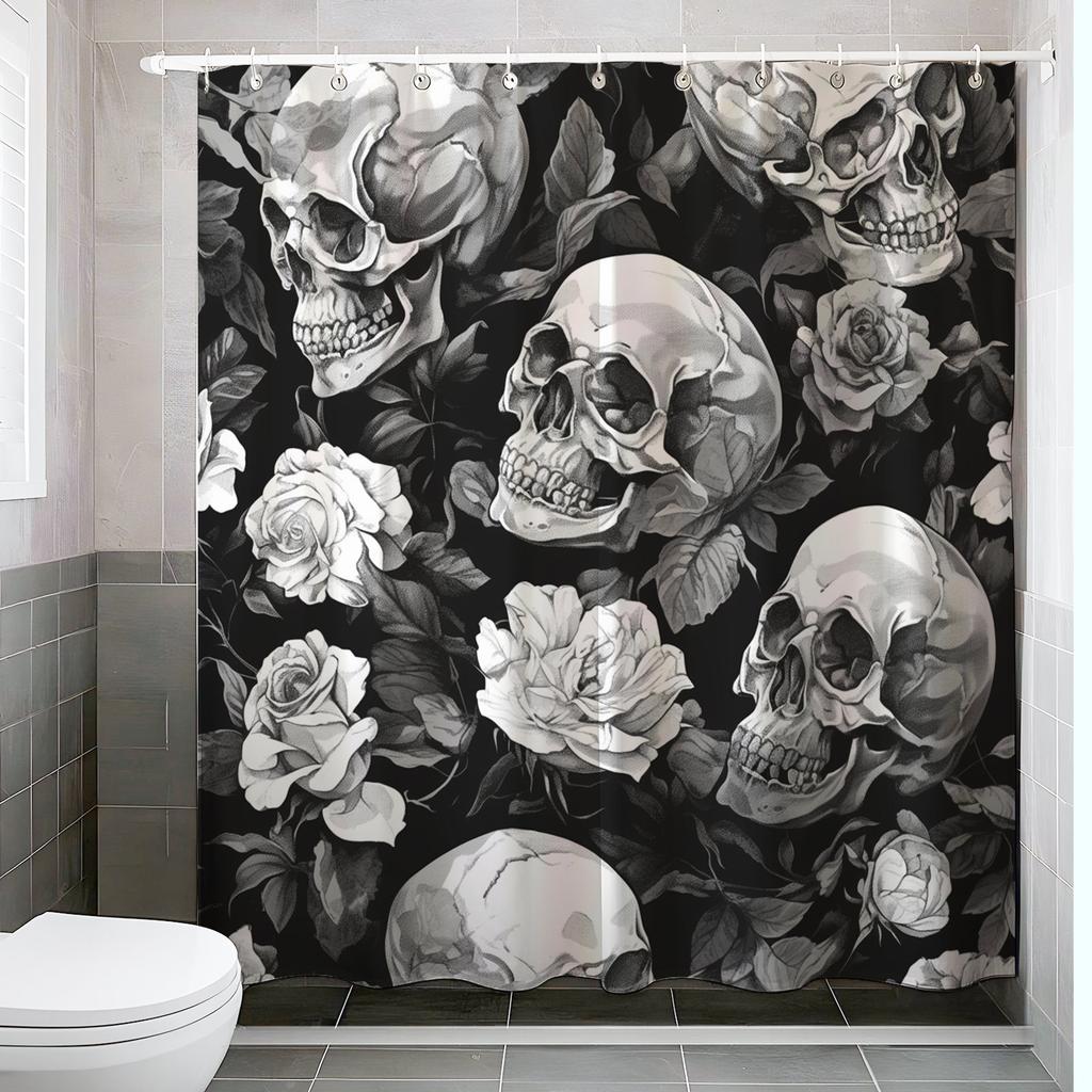 Flowers & Skull Shower Curtain - Durable Polyester, All-Season Modern Home Decor, Includes 12 Hooks, Ideal Bathroom Gift