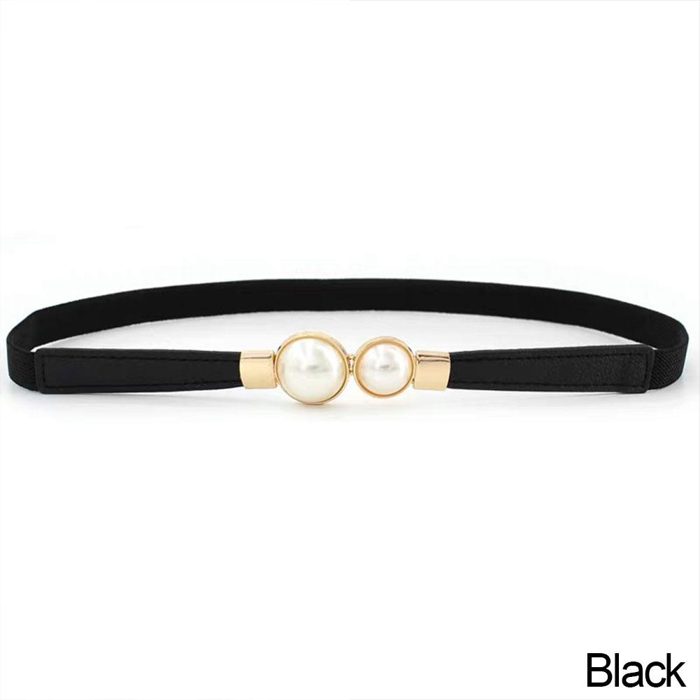 Women Double Pearl Belt Female Black Red White PU Leather Dress Skirt Waist Elastic Thin Belts Ladies Designer Waistband
