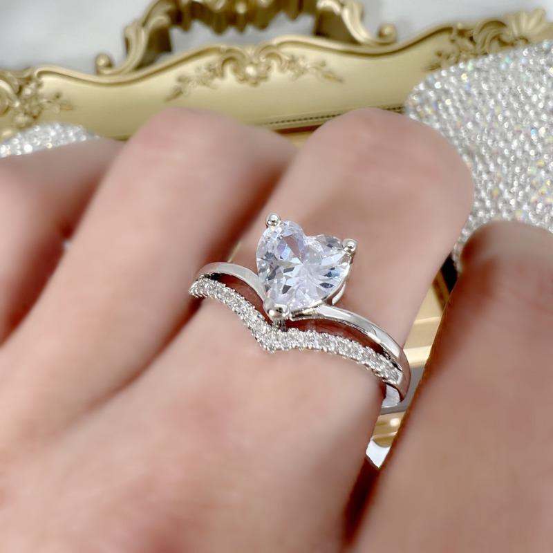 

New Luxury Silver Color Stainless Steel Heart Crystal Crown Opening Ring for Women Exquisite V-shape Wedding Finger Jewelry Gift resizable серебряный