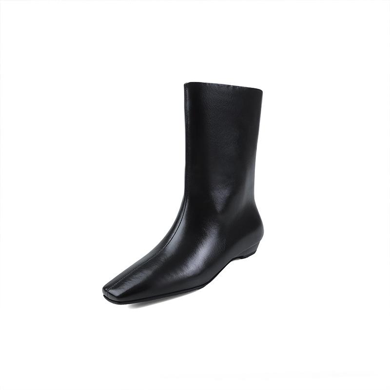 Korean version of fashionable simple sleeve temperament boots 2025 autumn and winter new square head low heel one pedal casual Chelsea boots