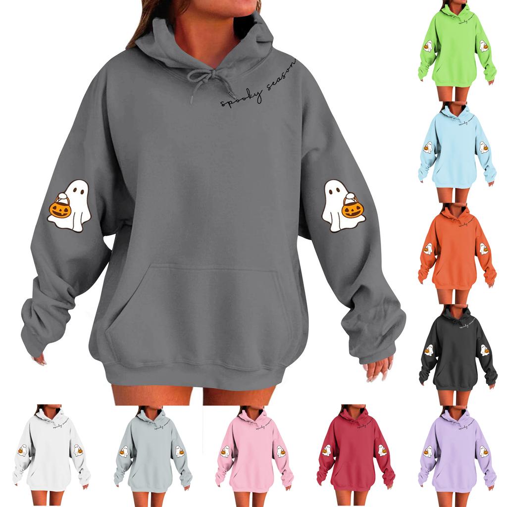 Women's Solid Color Long Sleeve Casual Halloween Print Pullover Hooded Sweatshirt