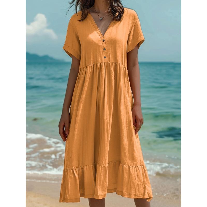 DICFY Women's Fashion Summer Spring Solid Color Print V-Neck Short Sleeve Casual Dresses