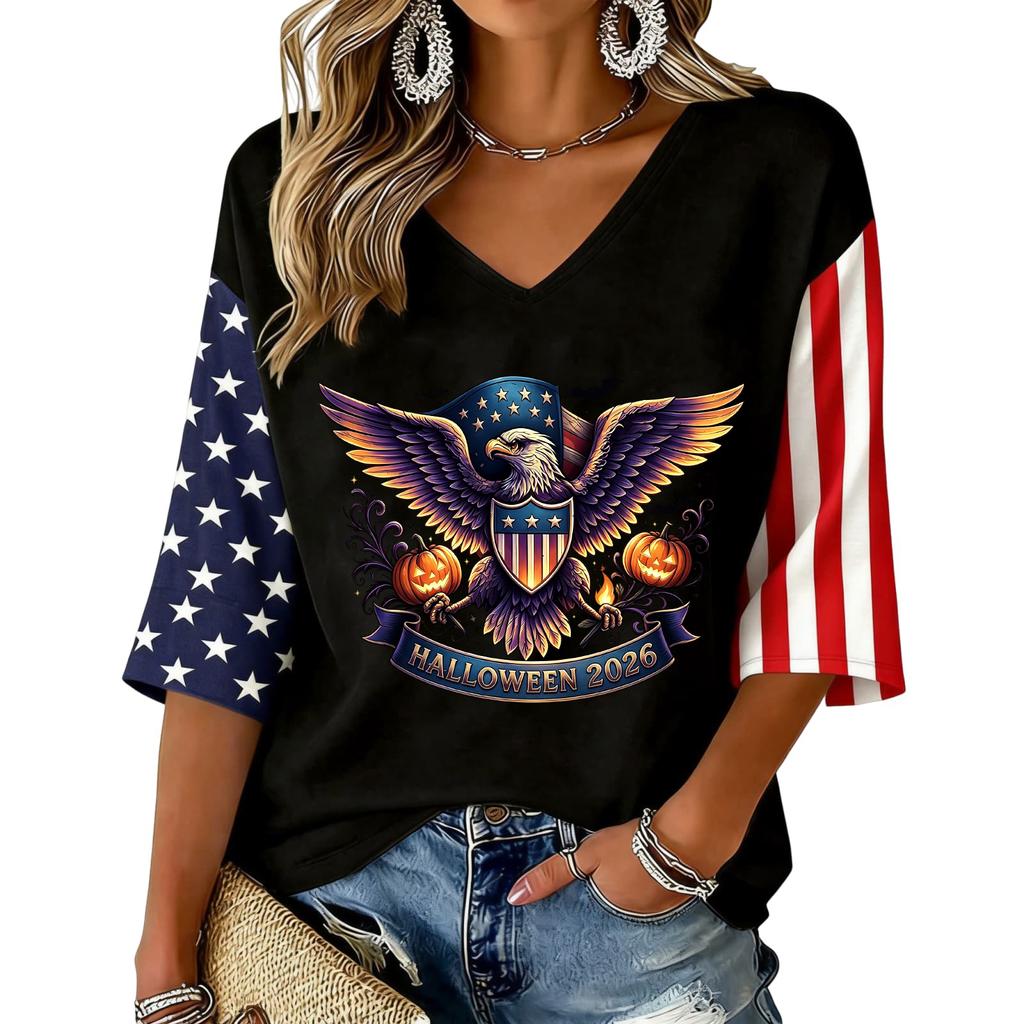 Women's V-Neck Halloween Print Three-Quarter Sleeve Casual Blouse