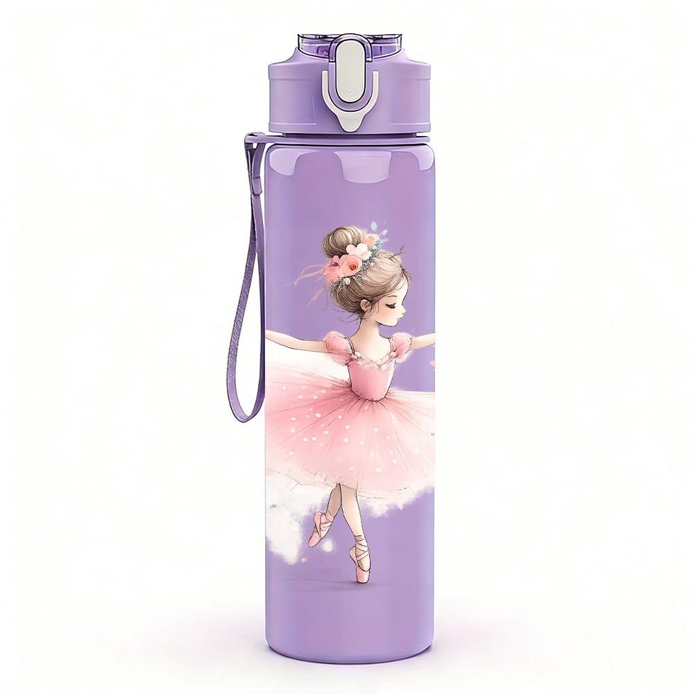 1PC Soft Pink Ballerina Dancing Girl Print 750ml Color Plastic Sports Water Bottle Leakproof Flip Straw Lid Suitable for Sports Office Home Use
