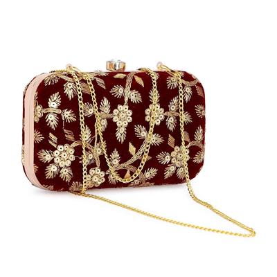 Women Handicraft Hand Embroidered Box Clutch Bag Purse for Bridal, Casual, Wedding (Maroon Flower)