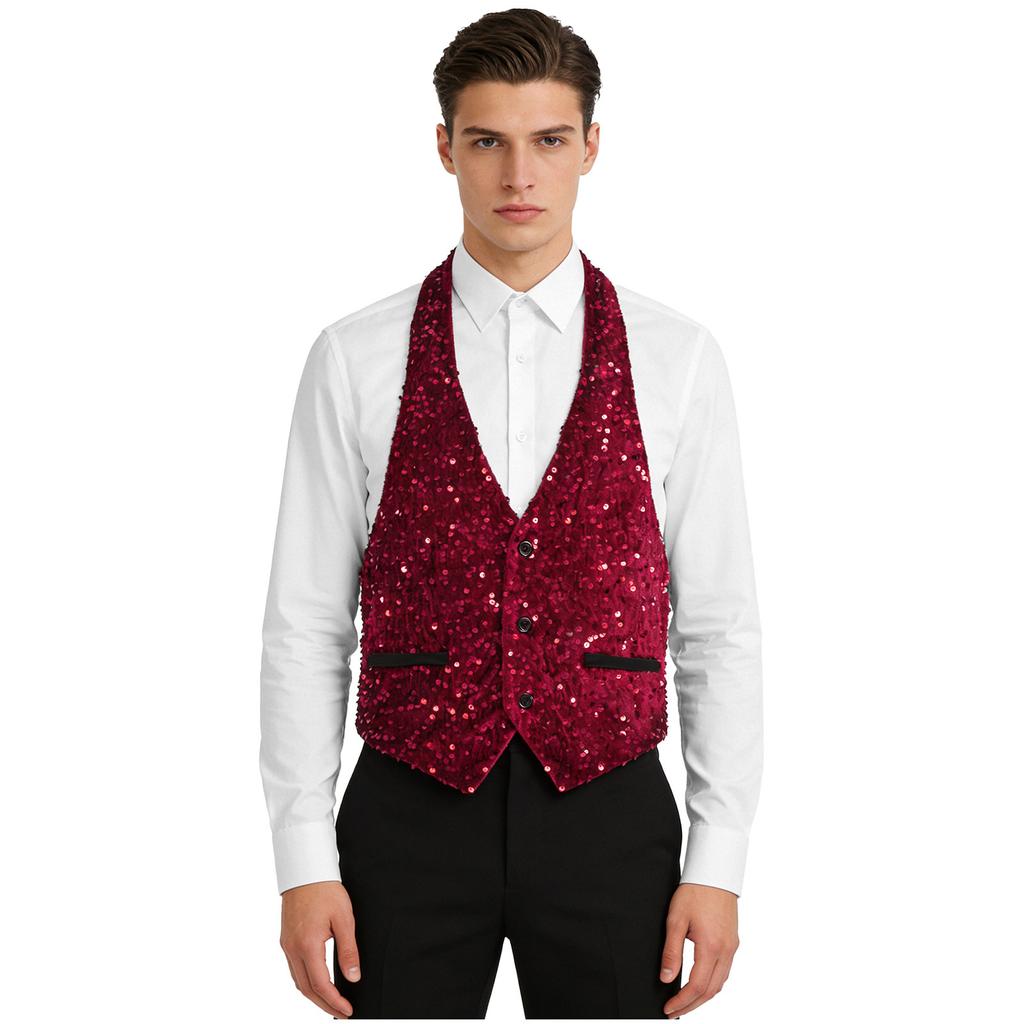 Gilet da uomo con paillettes e velluto, con scollo all'americana, schiena scoperta, scollo a V, chiusura a bottoni, taglie M-4XL per Festa da Ballo, Cocktail, Ballo di Fine Anno