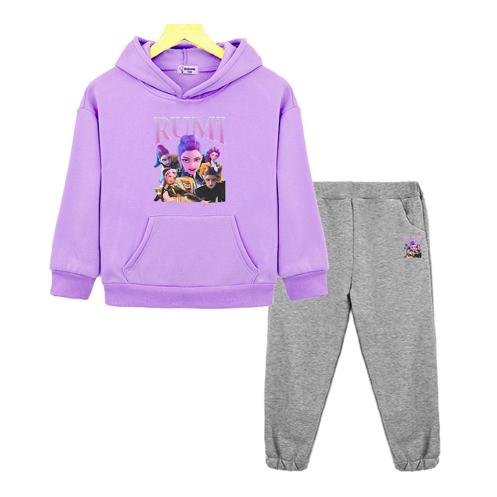 

2pcs pullover+Pants kpop demon hunters print hoodie Fleece Sweatshirt Jacket boys girls Hooded Spors Sets kids boutique clothes 160