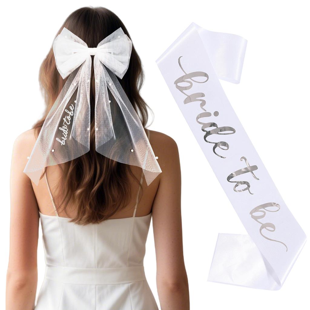 2026 Fashion Bridal Bow Embroidery Hairpin Pearl Hot Silver Shoulder Strap Bachelor Party Super Fairy Mesh Set