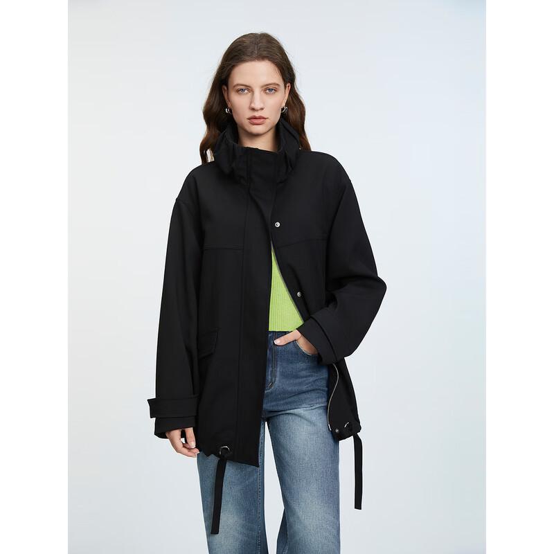 ELLE Women s Black Pleated Stand-Collar Loose Jacket L