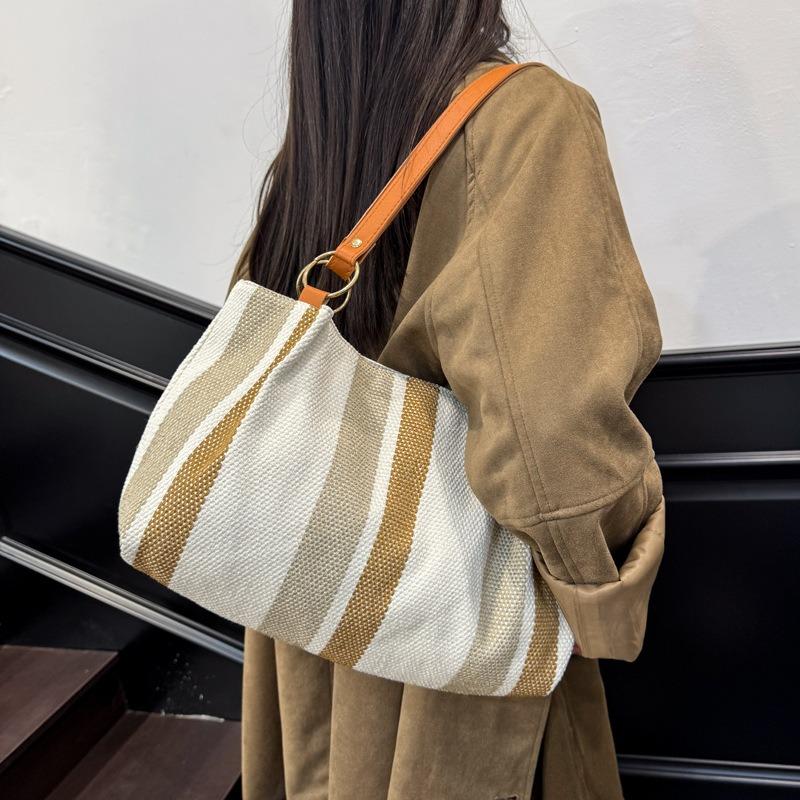 Large-capacity Shoulder Bag, New Simple Vertical Striped Casual Tote Bag, Fashionable Contrasting Color Handbag