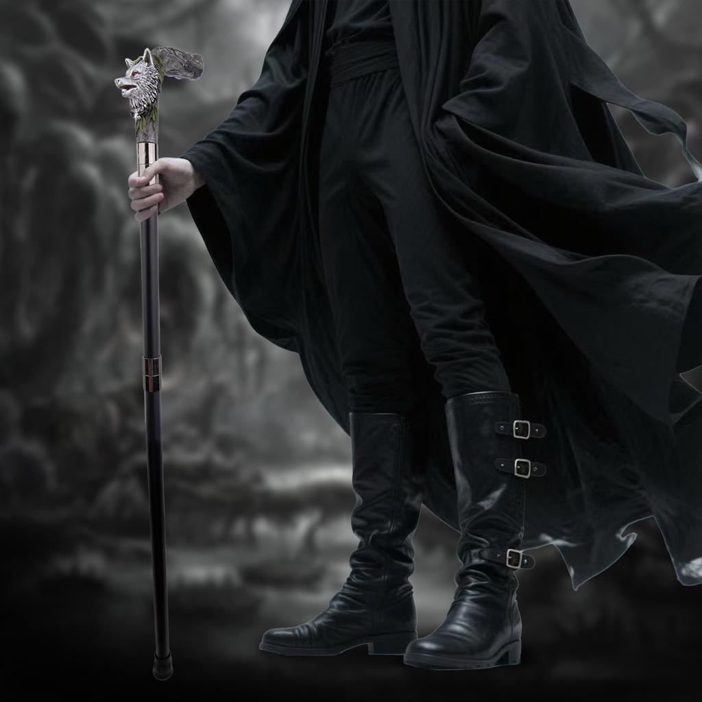 Silver Harts Varghuvud Trärot Gåkäpp Mode Dekorativ Stålstav Gentleman Elegant Cosplay Käpp Knopp Biskopsstav 93cm
