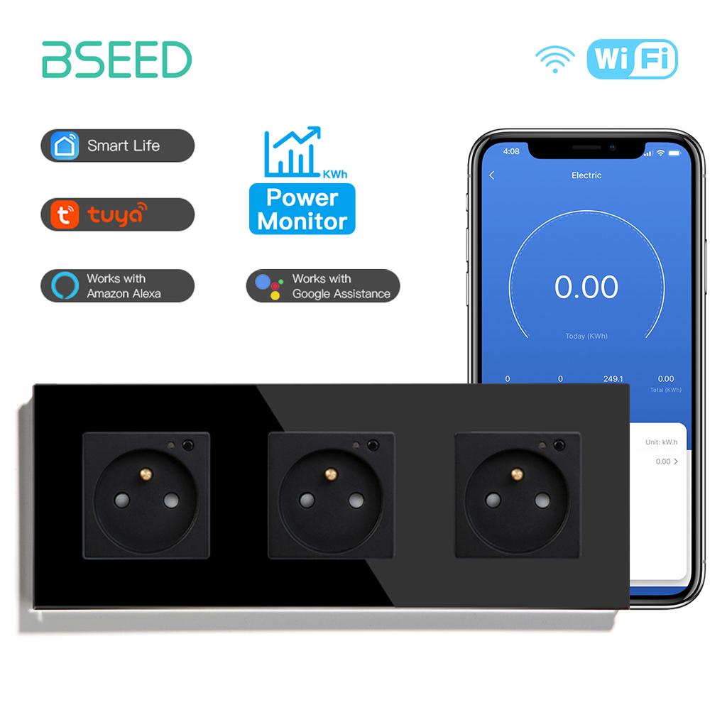 BSEED Single Wifi French Socket Double Power Monitor Wall Sockets Triple Smart Outlets Glass Frame Tuya Smart Life Control