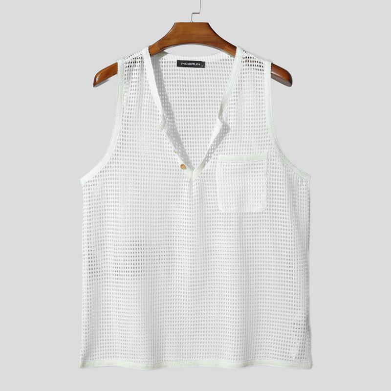 

INCERUN Мужские майки без рукавов с V-образным вырезом, из полой сетки, прозрачные, для вечеринок и пляжа 5XL белый