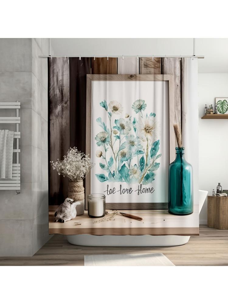 

1Pc Teal & White Wildflower Print Shower Curtain, Durable Polyester Fiber, For Bathroom, Bathtub Or Window Decoration W60H190(CM)-1 Pcs