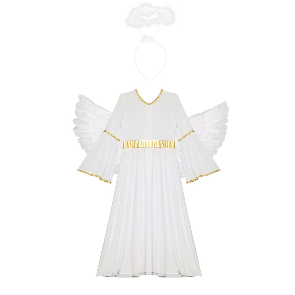 Girls 3 Piece Angel Costume Long Sleeve Gold Trim Gown Feather Hairband Angel Wings Dress Up Performance Outfit