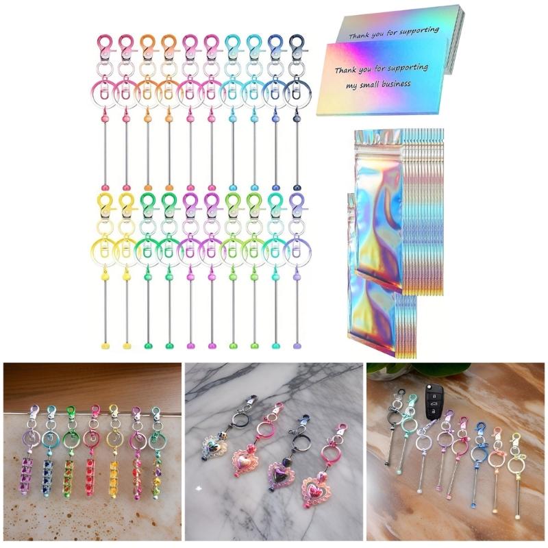 60Pcs Keychain Set with Beadable Metal Blanks Resealable Pouches and Thank You Cards for Crafting Keyrings Jewelry
