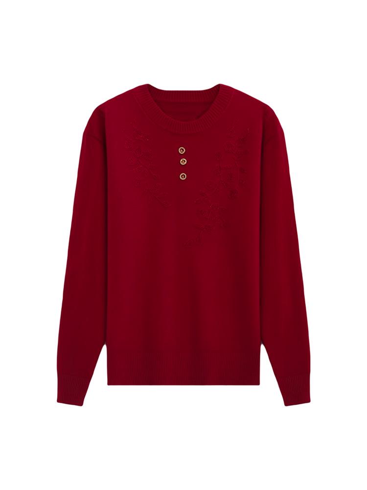 Women's Loose-Fit Knitted Sweater for Middle-Aged & Elderly: Free Size, Long-Sleeved T-Shirt, Spring/Autumn.