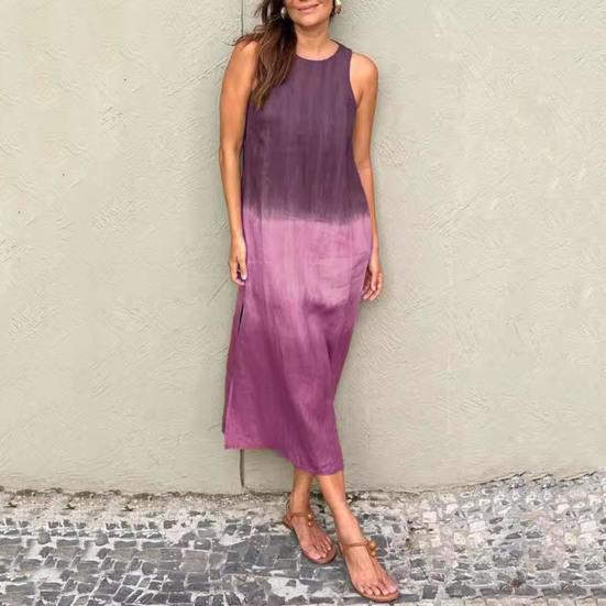 Summer Cotton Linen Dress for Women Casual Sleeveless Tunis Maxi Tank Dress Side Slit Beach Sun Dress