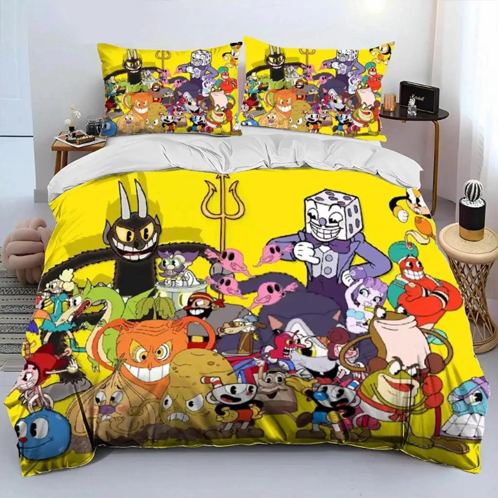 Parure de lit dessin animé Cuphead et Mugman pour garçons et filles, housse de couette double, queen size, taie d'oreiller, lit pour enfants et adultes, textile de maison