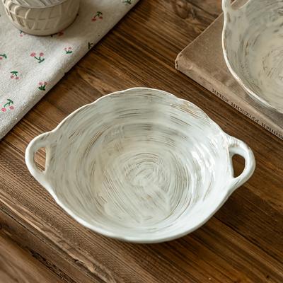 Hand-Painted Ceramic Binaural Bowl, Retro Tableware, Coarse Pottery Bowl, Household Portable Bowl, Restaurant Noodle Bowl, Vegetable Bowl