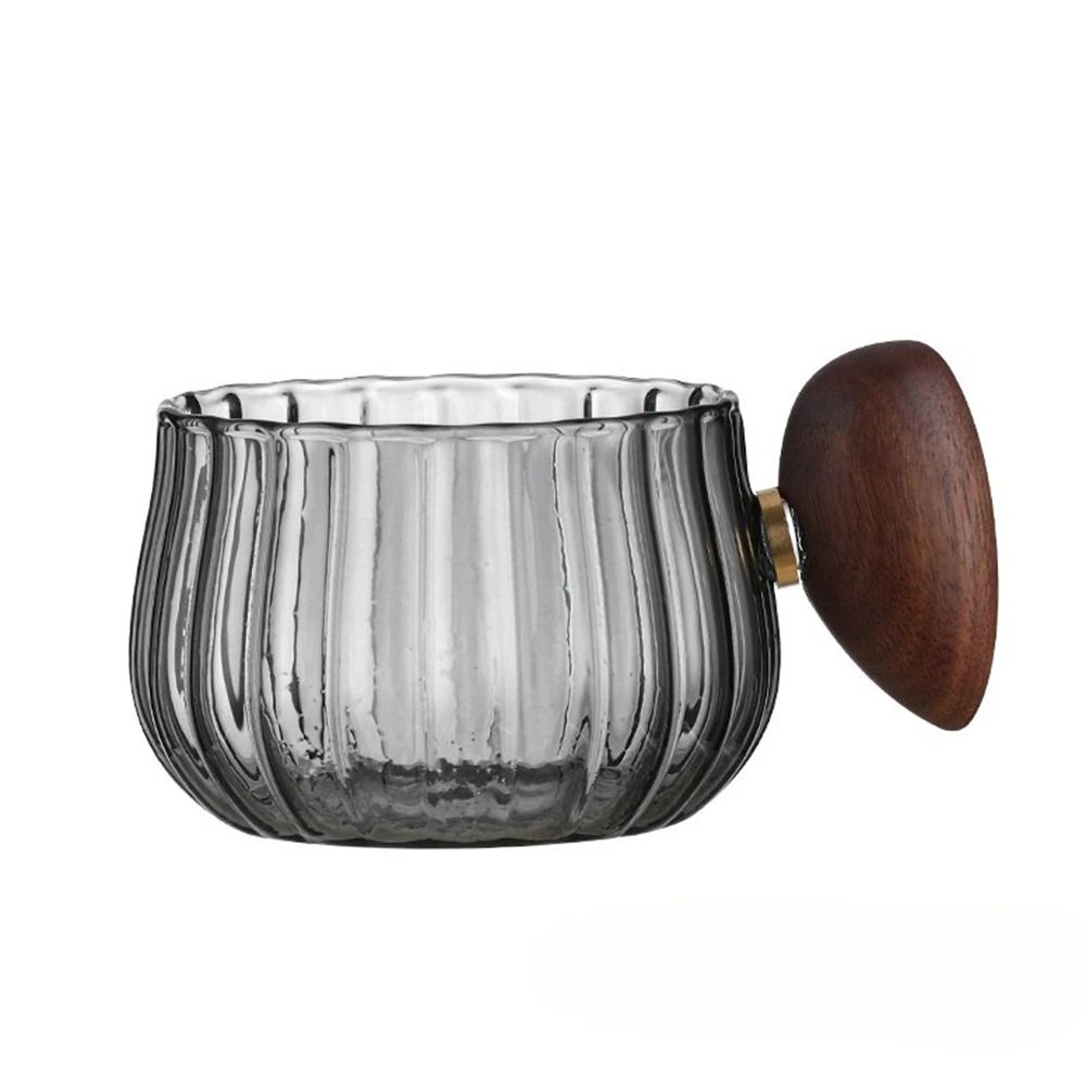 Modern Stripe Glass Coffee Mug Wooden Handle Heat-resistant Ribbed Tea Cup Wide Mouth Clear Cup and Plate Set Breakfast