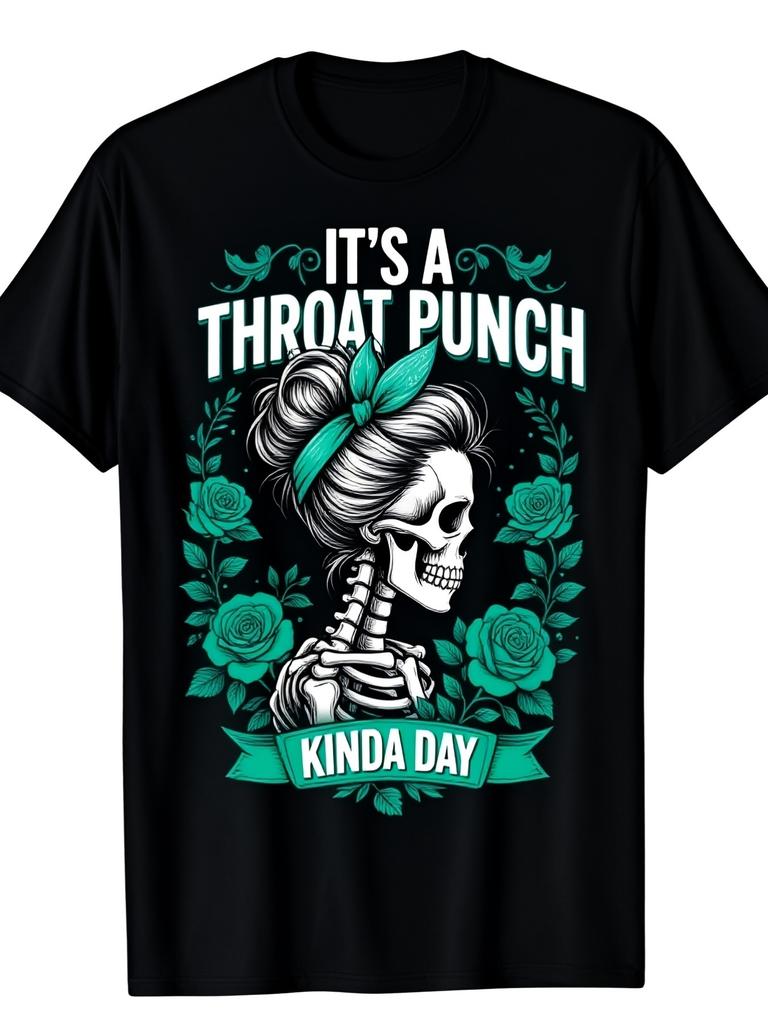 Funny Sarcastic Skull with Hair Bun Graphic T-Shirt for Women, It'S a Throat Punch Kinda Day Quote T