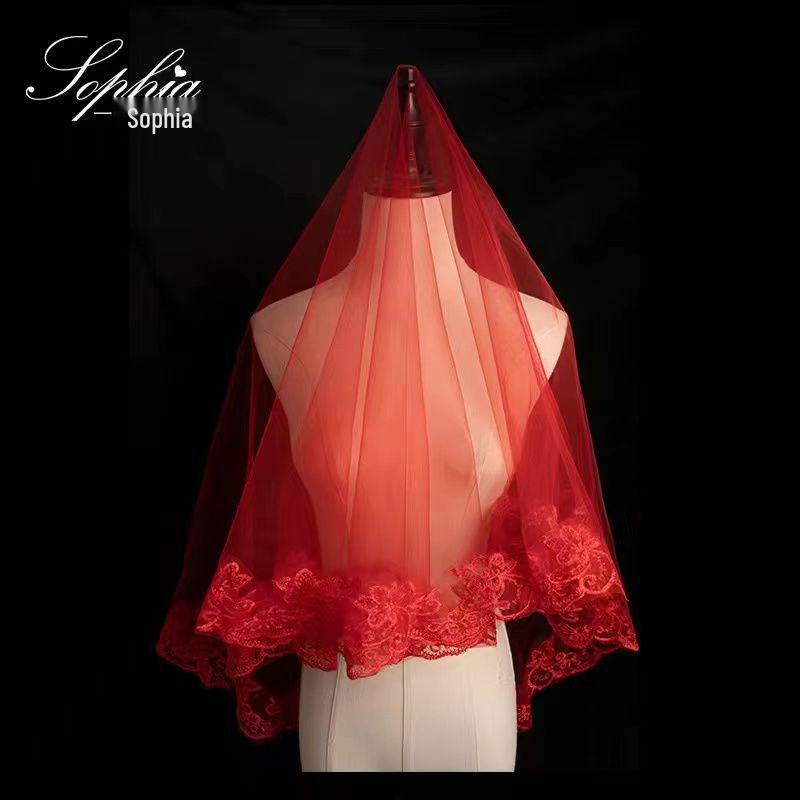 Red Translucent Bridal Veil for Chinese Wedding Xiuhe Dress