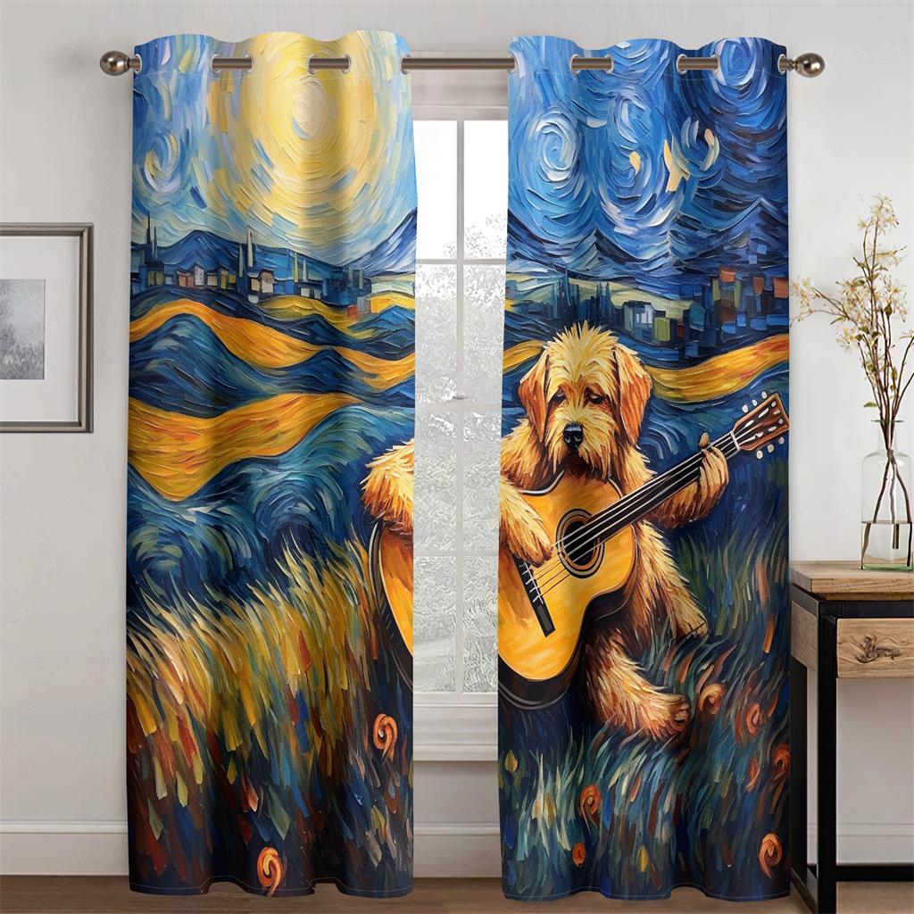 Pastoral Collie Guitar Curtains Van Gogh Oil Painting Style Living Room Bedroom Balcony Windows Decorative Curtains 2 Pcs