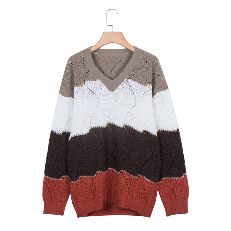 Women's Long Sleeve Colorblock Striped Casual Loose Knit Pullover Sweater Top
