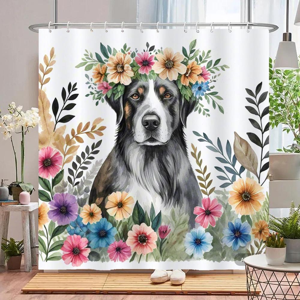 watercolor flowers and plants dog animal shower curtain Print polyester waterproof bathroom curtains with hook decorate curtain