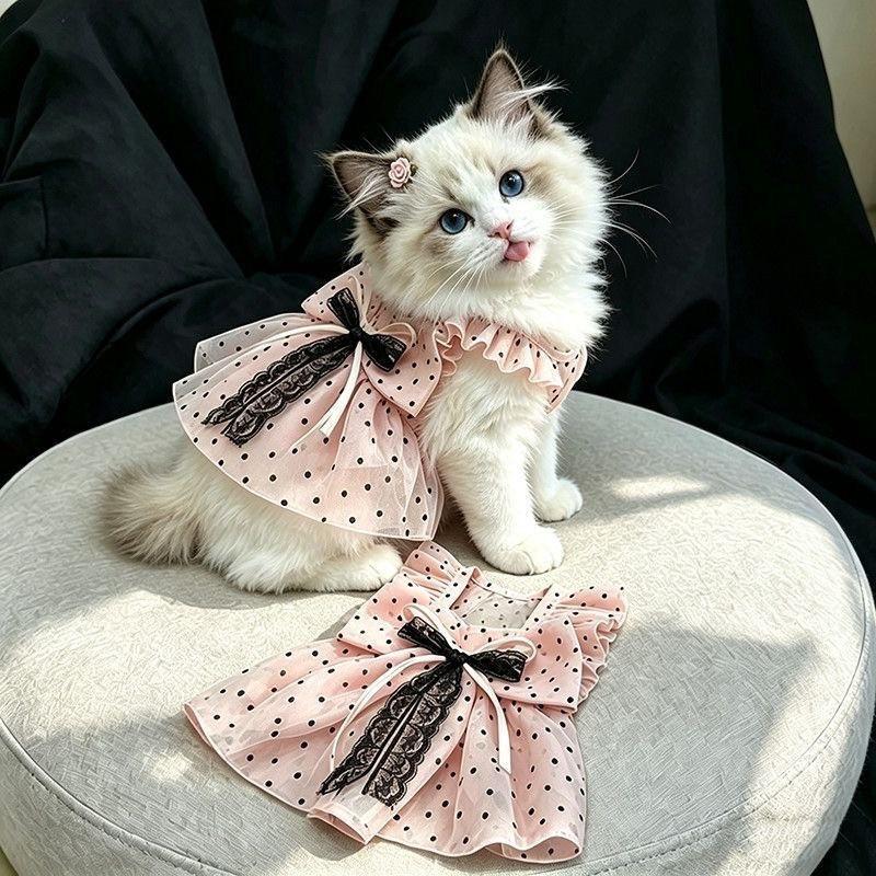 Breathable Sun Protection Princess Dress Cats - Polka Dot Pet Clothing Golden Tabby Orange