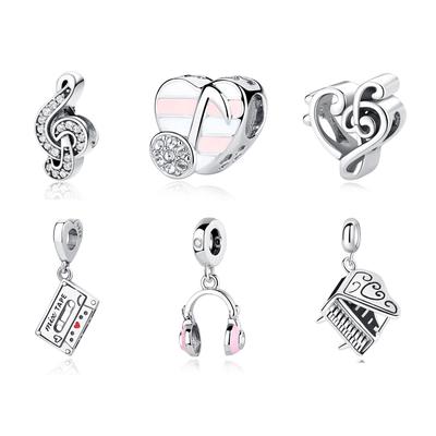 Charms din argint 925, margele, note muzicale originale, pian, căști, farmec, se potrivesc cu brățară Pandora, colier, bijuterii diy pentru femei