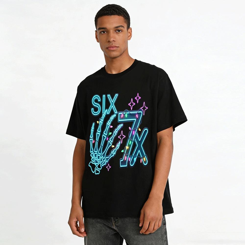 Neon Skeleton Hand Christmas Lights SIX7X Street Style Graphic Tee Pure cotton T-shirt