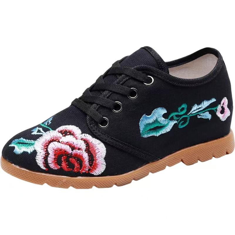 Woman Increased Internal Embroidered Cloth Shoes Ethnic Style Spring Autumn New Round Toe Lace Up Wedges Casual Nude Shoes