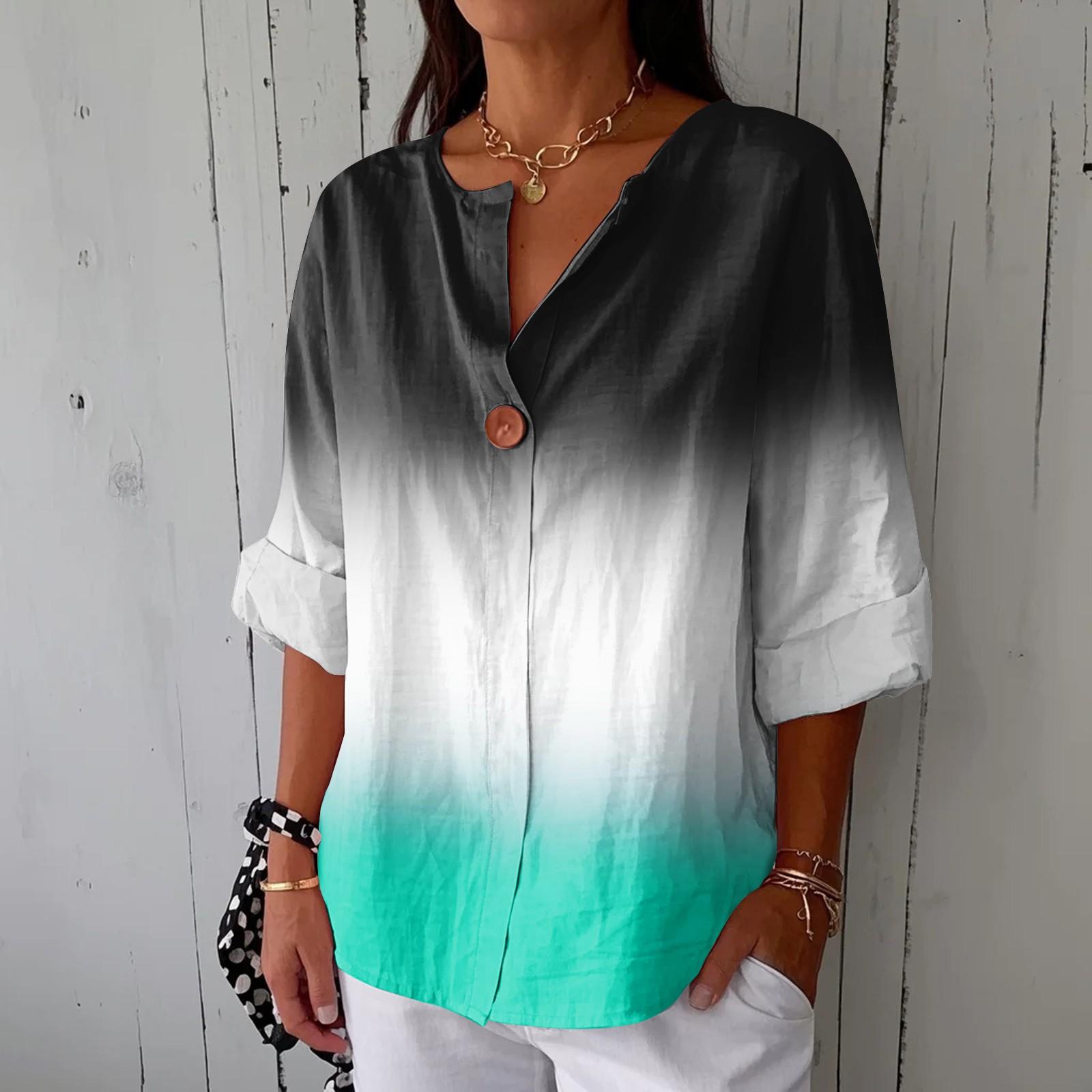 

Женская модная повседневная блузка с V-образным вырезом на пуговицах и рукавом семь четвертей, с принтом, из хлопка и льна XL циан