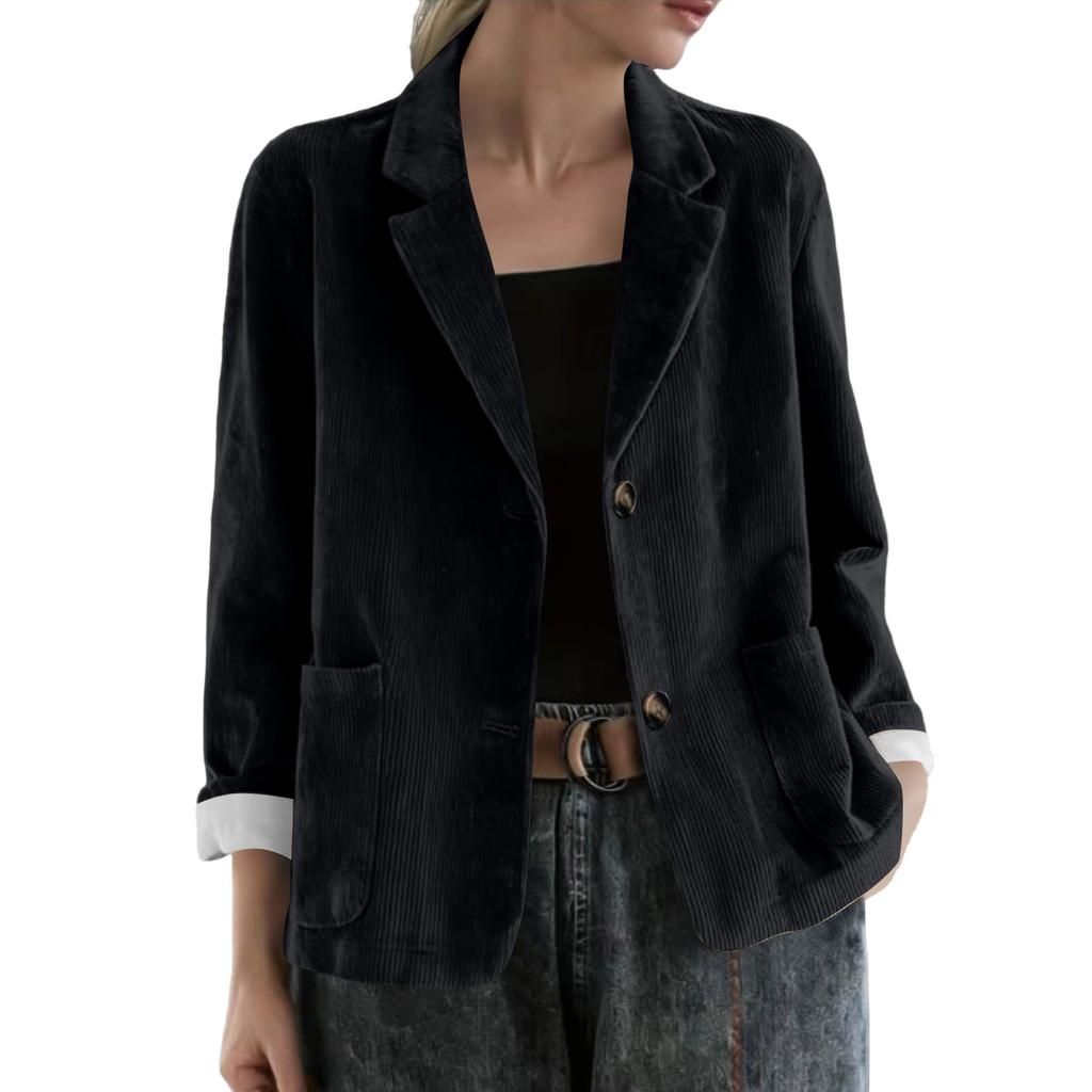 Damen Lässiges Cord-Revers-Langarmhemd mit Taschen für Arbeit und Alltag