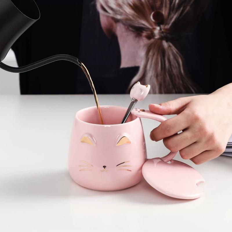 High-Value Creative Cat Mug Ceramic Cup With Lid Spoon Coffee Cup Three-Dimensional Relief Cat Ears Black Pink White Ceramic Cup